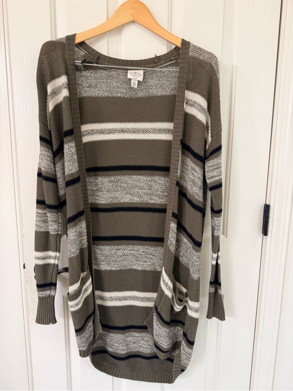 St. John's Bay Olive, White & Gray Striped Open-Front Cardigan